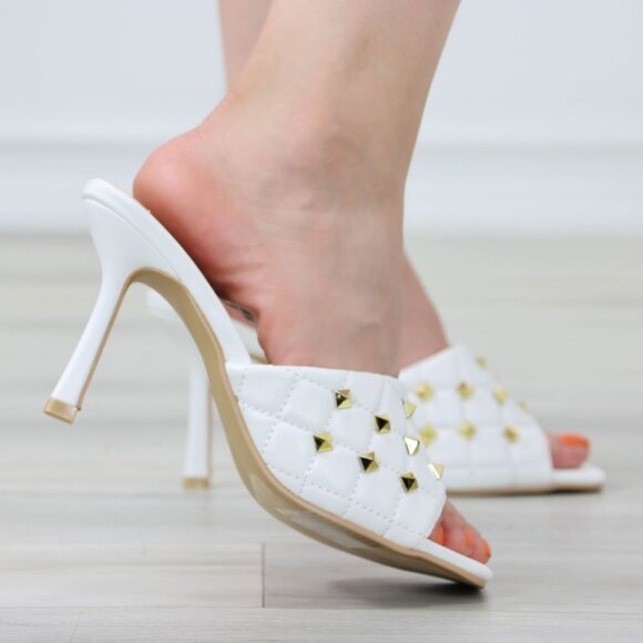 White High Heel Sandals Square Open Toe Slip On Mules Stiletto's - Picture 4 of 11